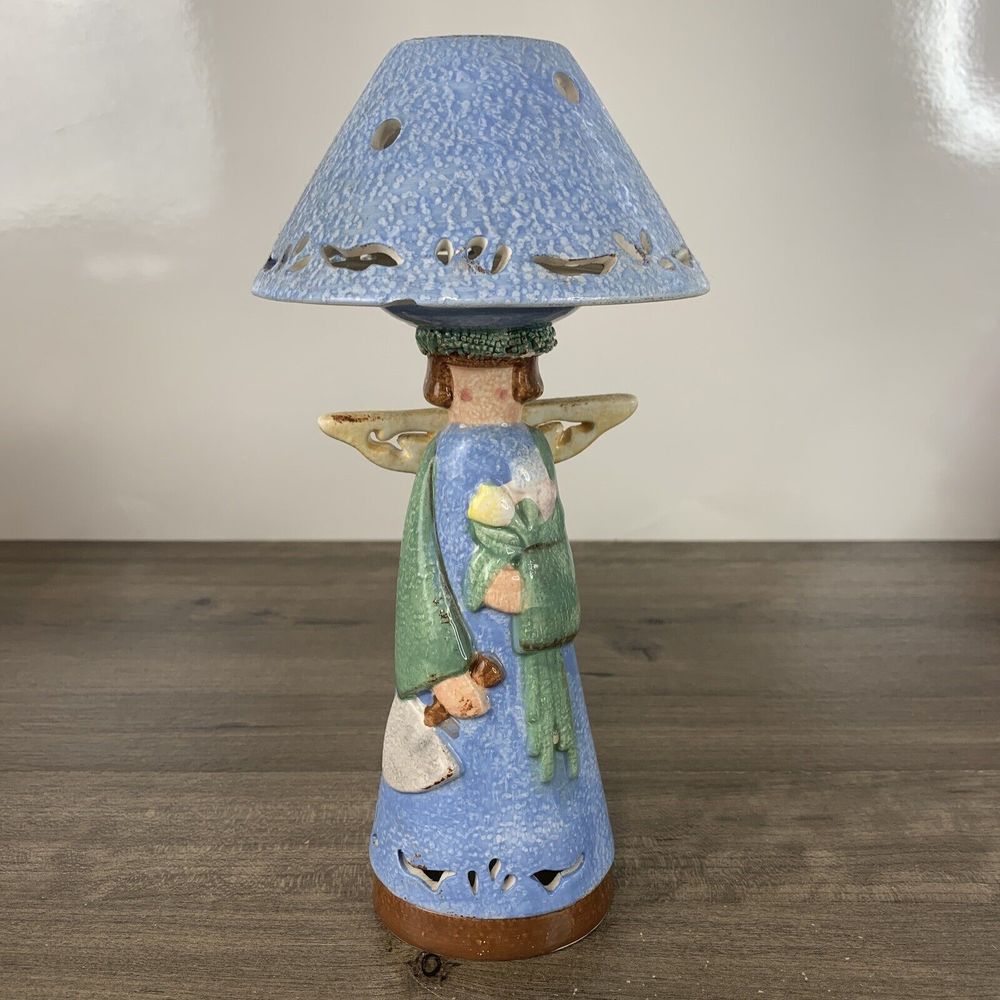 2 Pc Ceramic Angel Candle Holder Blue Floral Candle Lamp with Shade Gardener